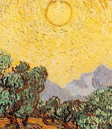A van Gogh painting of the sun high over the olive grove.